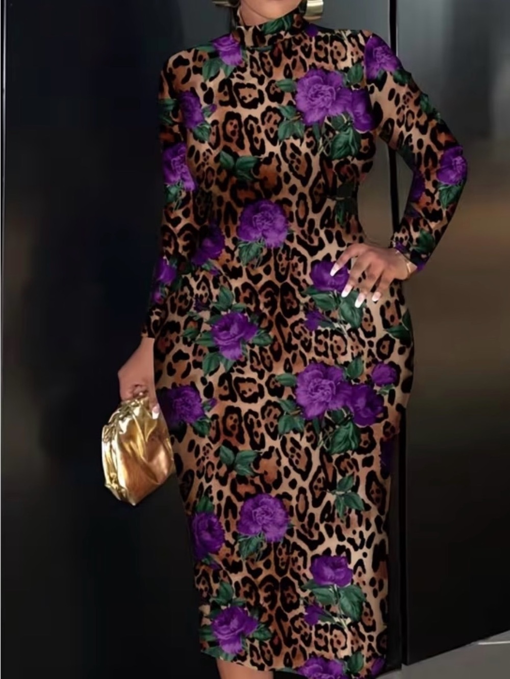 Leopard Print Midi Dress with Purple Floral Accents